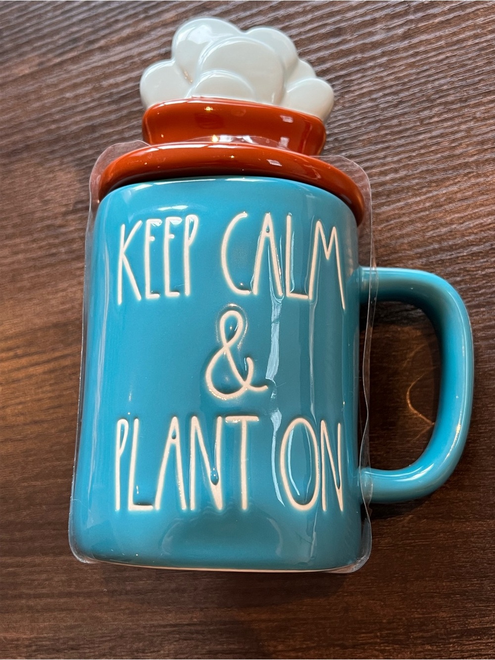 Rae Dunn mug with topper succulent keep calm and plant on